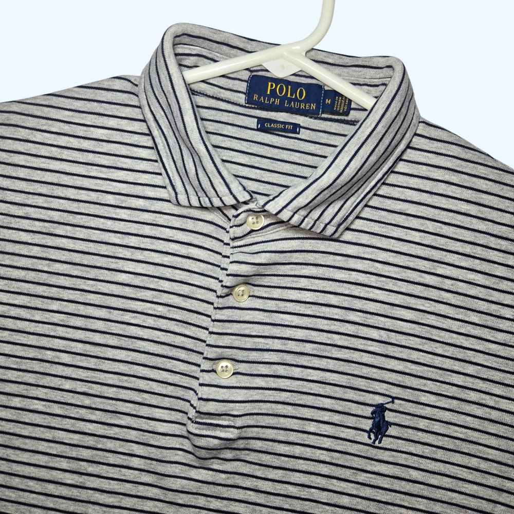 Polo Ralph Lauren Classic Fit Striped Polo Shirt Grey Navy Blue Mens Medium